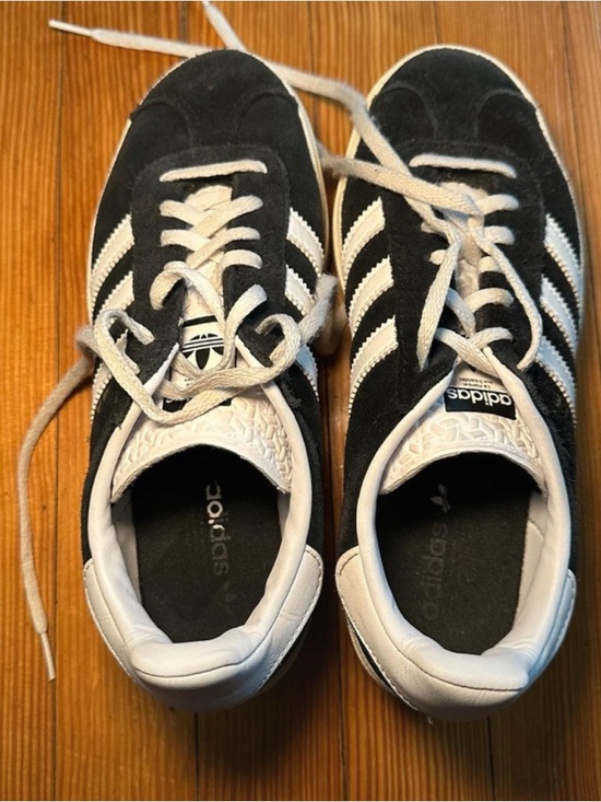 adidas Gazelle Black & White Suede Sneakers with Gold Accents - Picture 4 of 8